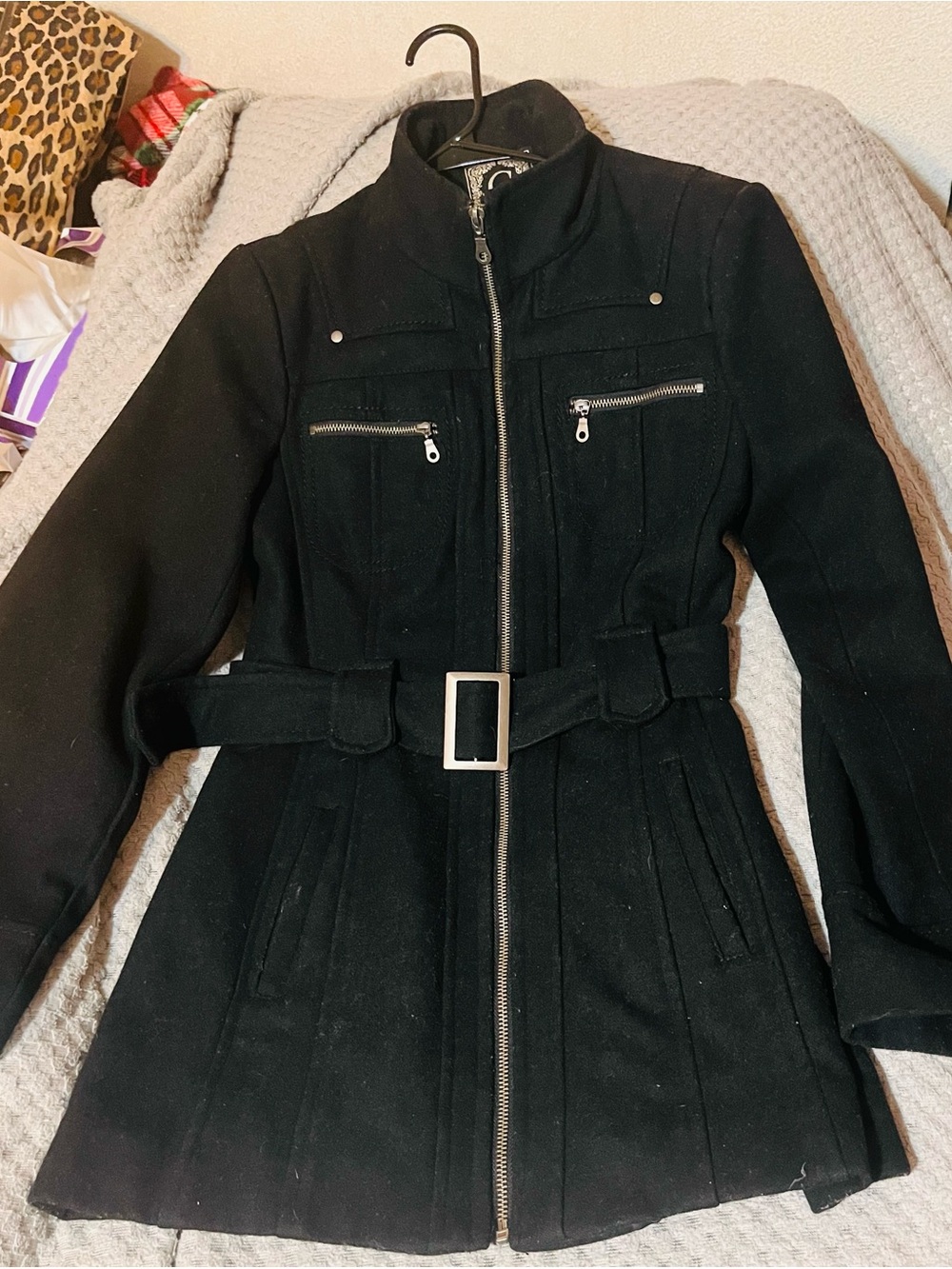 Guess Black Women's Belted Pea Coat with Silver Zippers